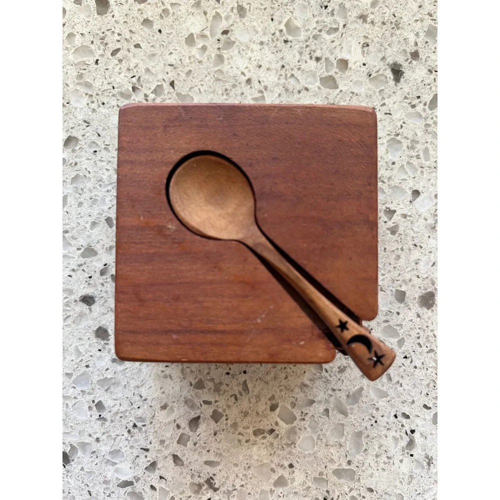 MoonSpoon Wooden Salt Cellarwith Celestial Moon Star Spoon Spice Box Handcrafted